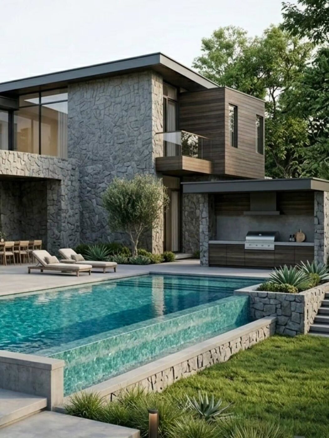 Fachada de alto padrão com piscina e revestimento em pedra natural