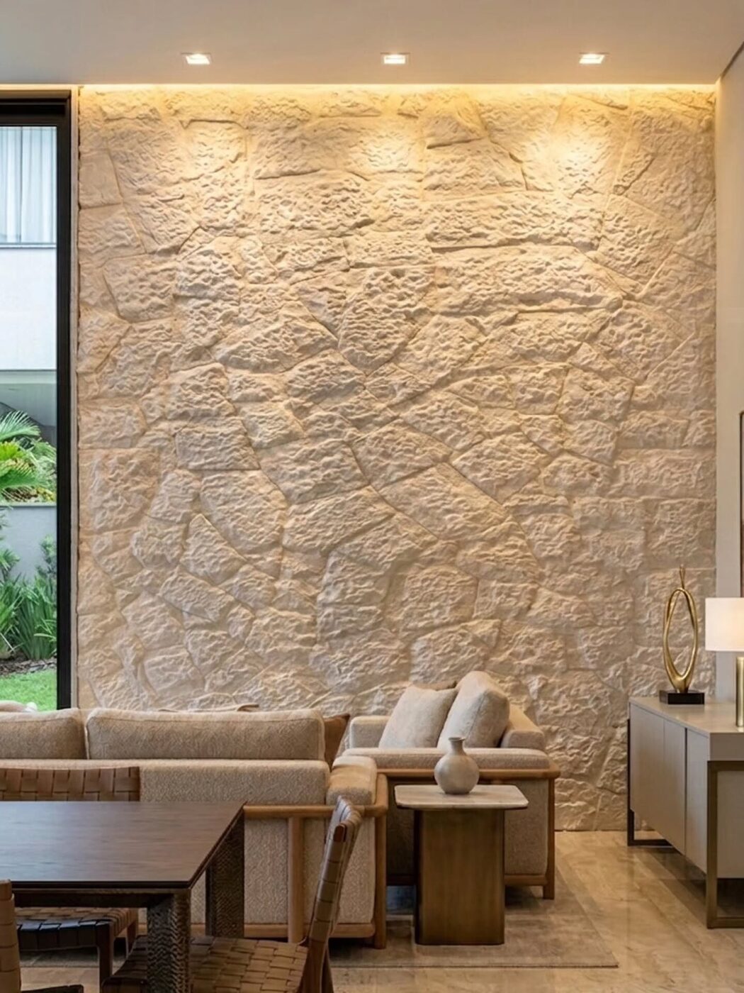 Sala de estar com parede em pedra natural bruta e iluminação embutida