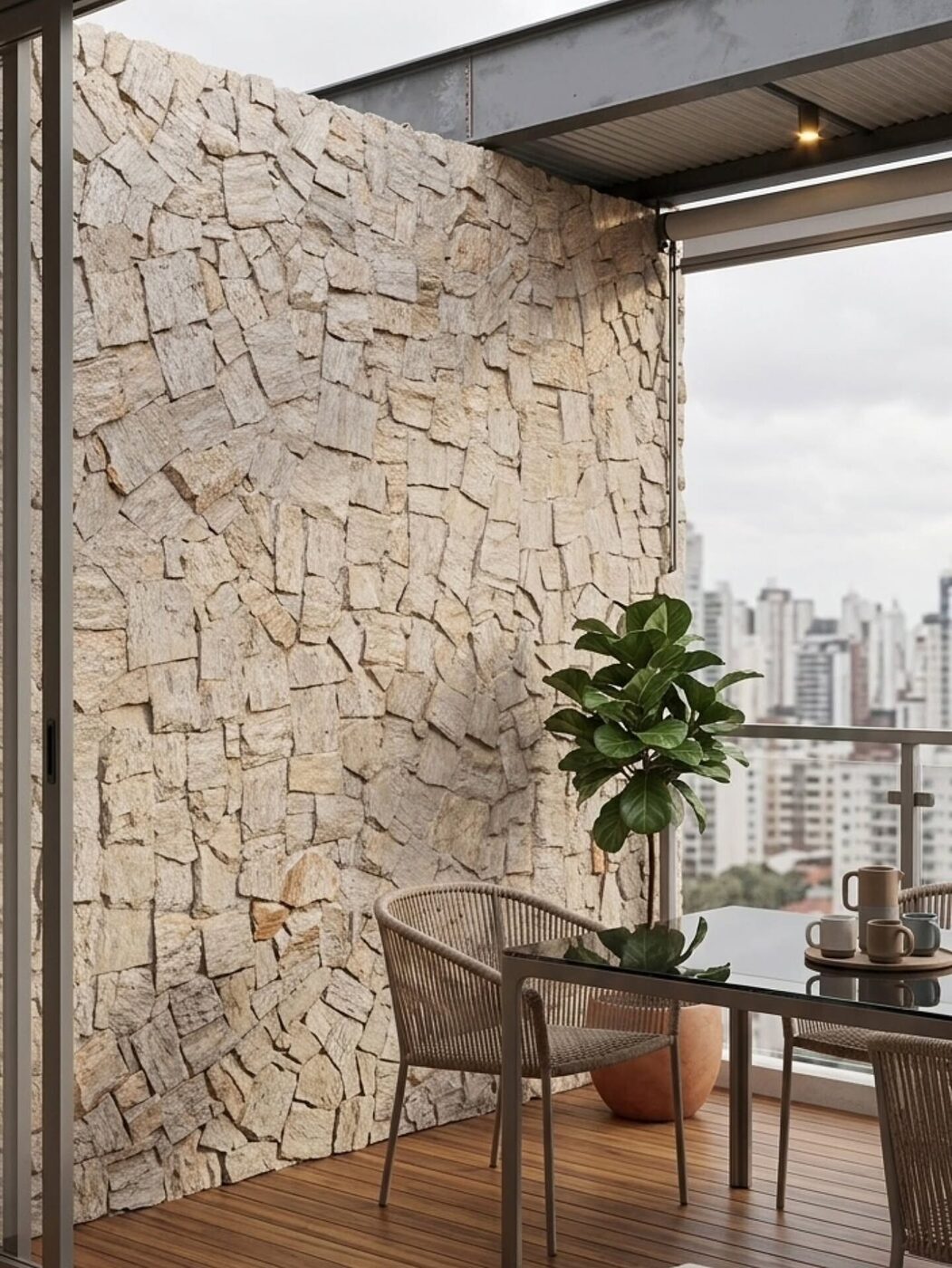 Terraço rooftop com parede em pedra natural clara e vista da cidade